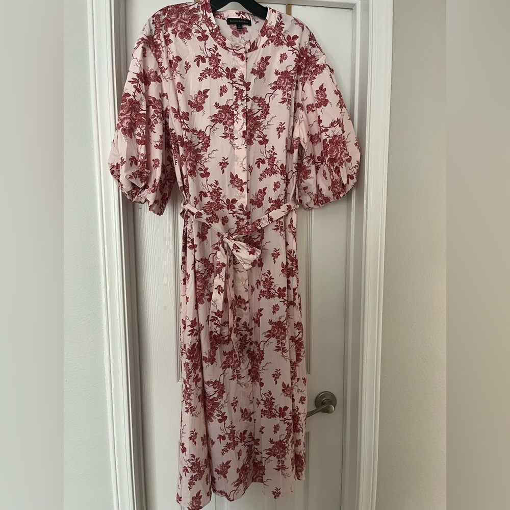 Floral Puff-Sleeve Midi Dress - Pink with Red Print